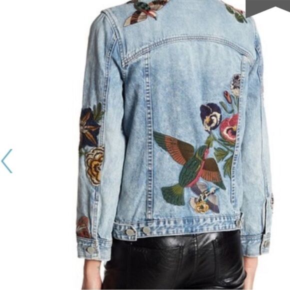 Blank NYC Embroidered Floral Hummingbird Embellished Distressed Denim Jacket - Picture 3 of 15